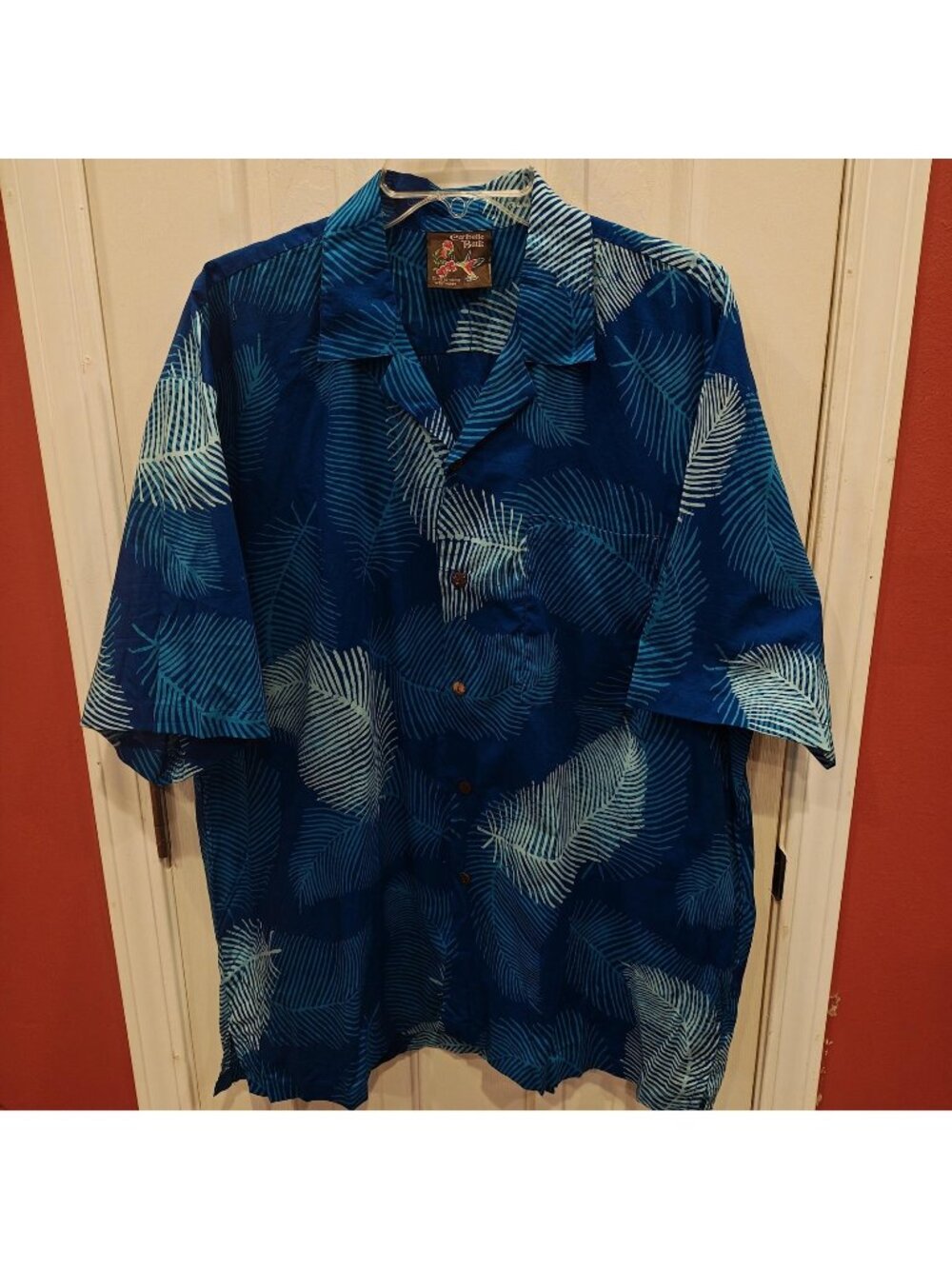 Caribelle Batik Hawaiian Shirt Mens L Blue Palm Leaf Aloha Button Up Tropical